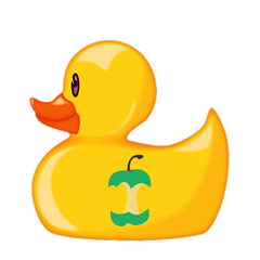 Cartoon yellow rubber duck with nf-core logo badge on its body with the nf-core logo.